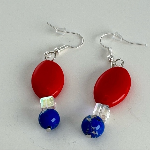 Square AB Glass Bead Earrings and blue and red glass Handmade patriotic 3476 - Picture 2 of 10
